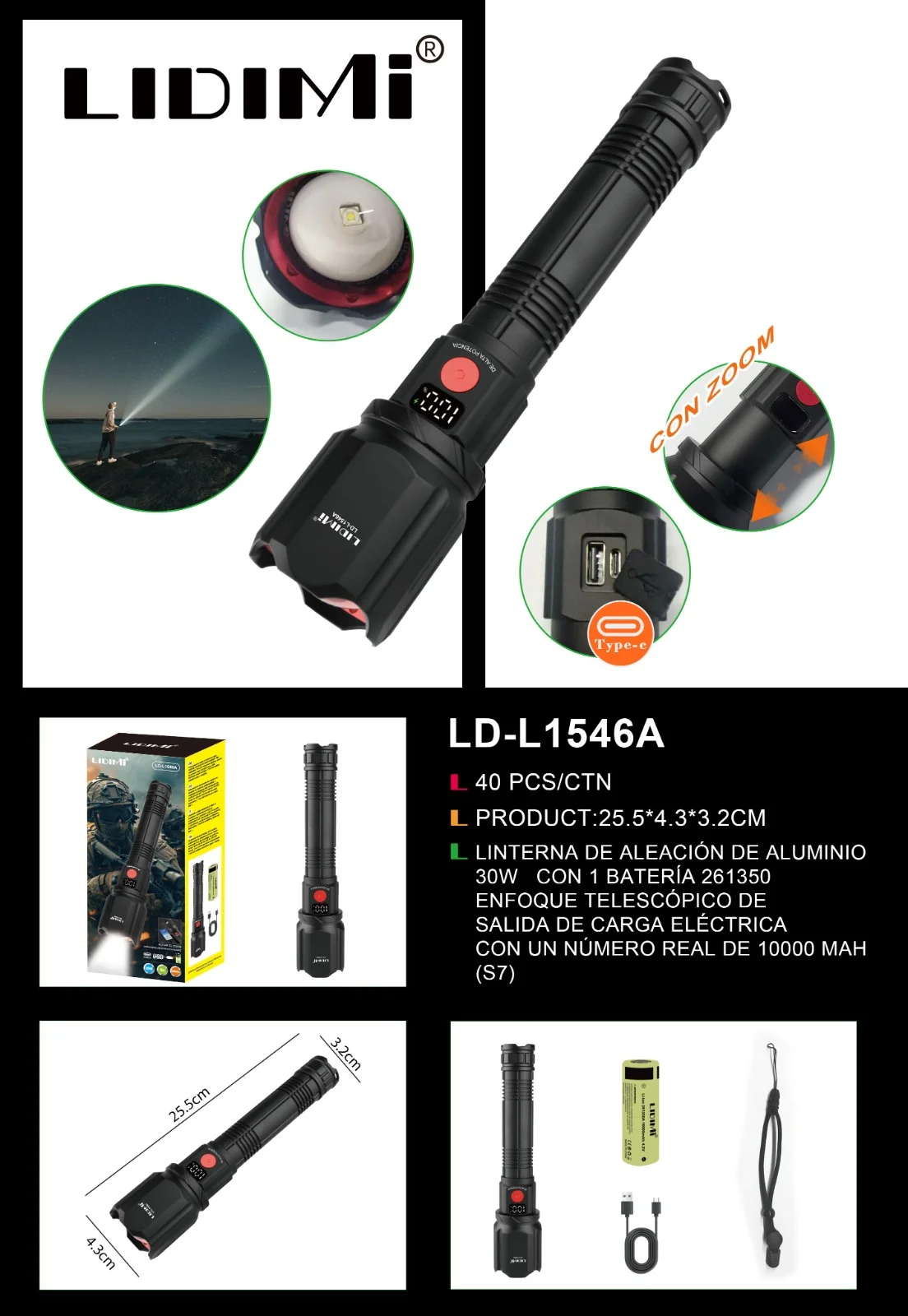 LINTERNA DE ALIACION DE ALUMINIO DE 30W LIDIMI LD-L1546A