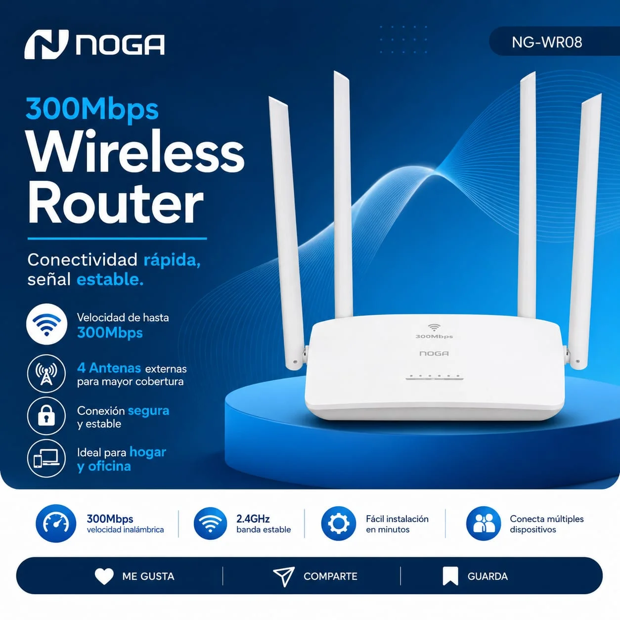 ROUTER + REPETIDOR NOGA 300Mbps WPS 2.4GHz NG-WR08