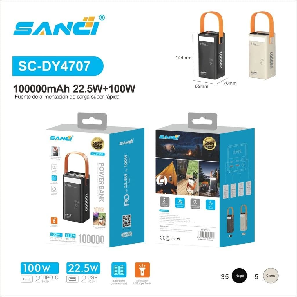 CARGADOR PORTATIL 100000mAh DE PD 100w + usb 22.5W SC-DY4707