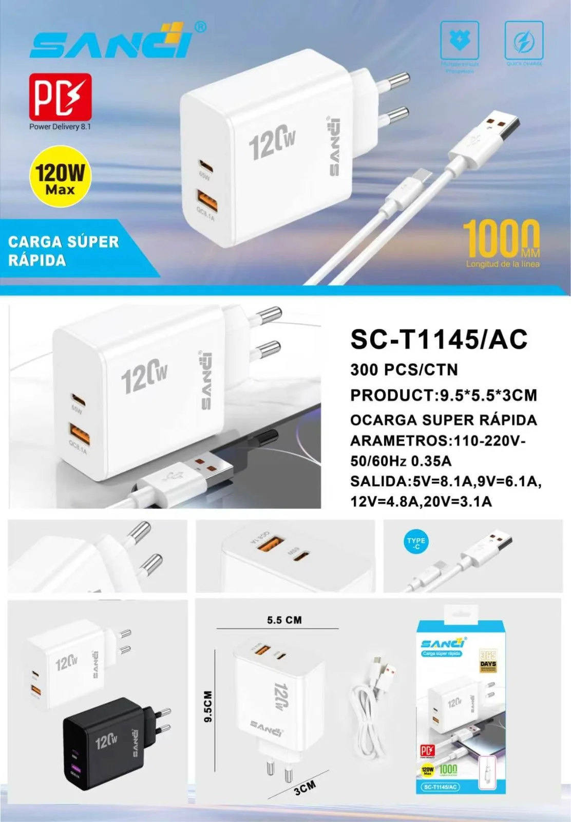 CARGADOR SANCI 120W ULTRA RAPIDO TIPO C SC-T1145/AC