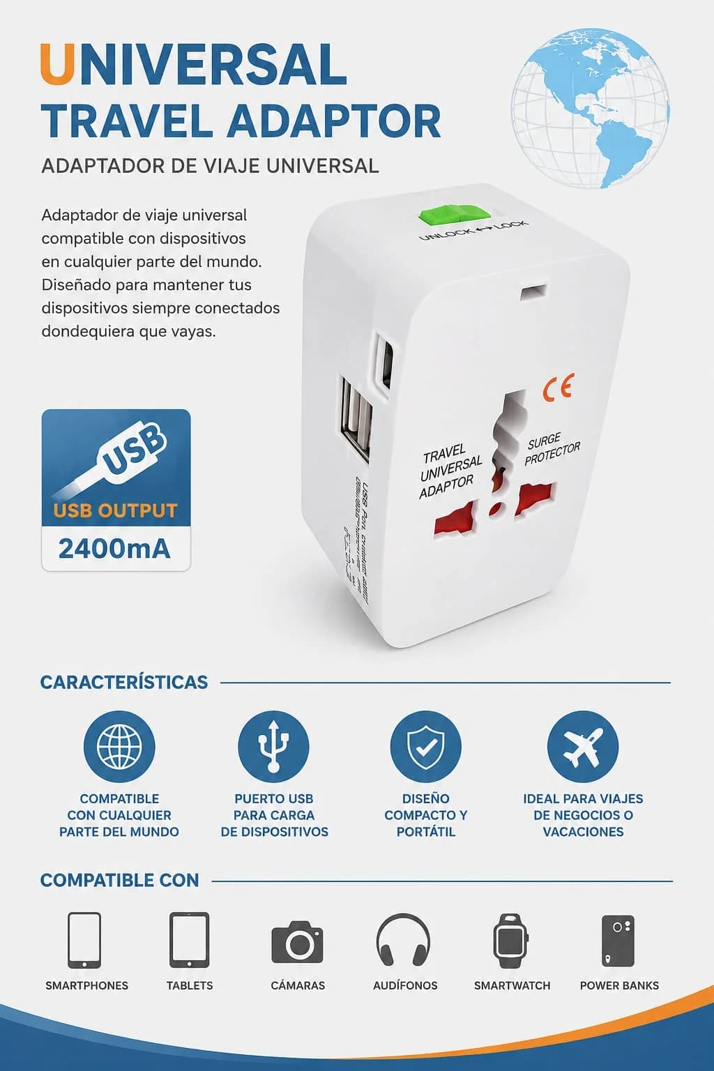 ADAPTADOR VIAJERO 2 USB + TIPO C AD-15