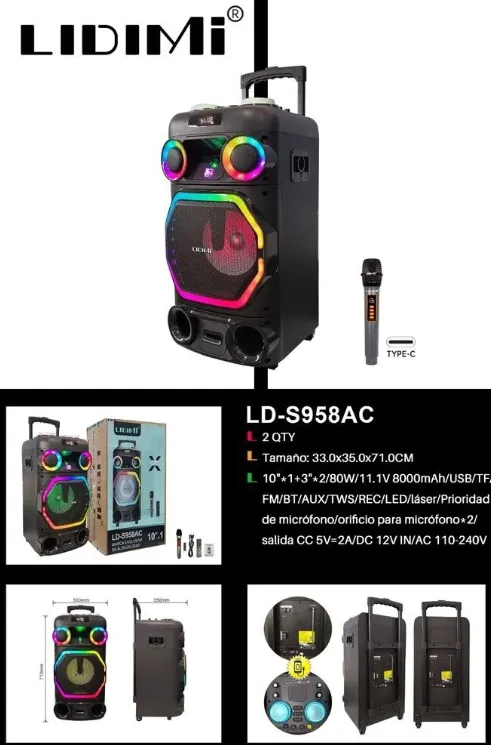 PARLANTE POTENCIADO LIDIMI LD-S958AC 160W 12*2 pulgadas +3*2 CON MICROFONO INALAMBRICO