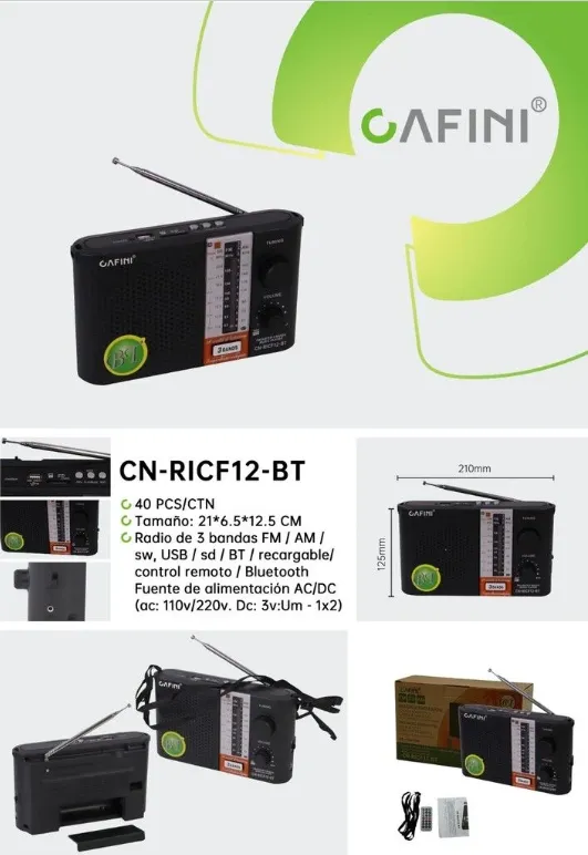 RADIO MARCA CAFINI 3 BANDAS USB. BT RECARGABLE CN-RICF12-BT