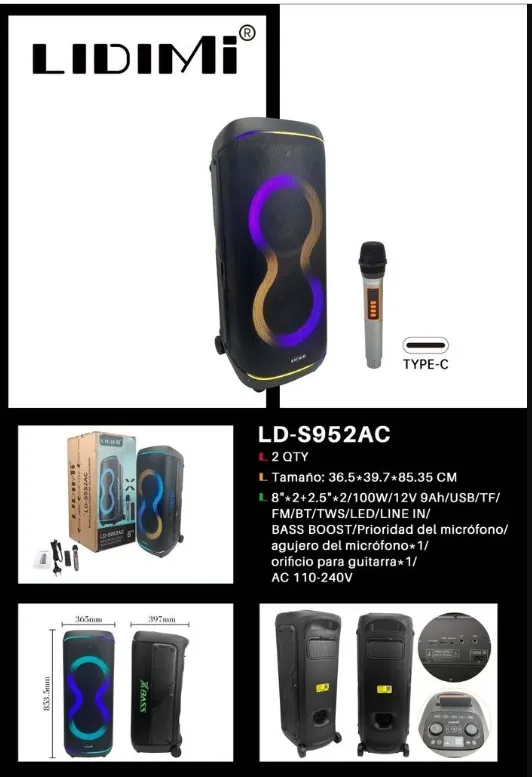 PARLANTE POTENCIADO LIDIMI LD-S952AC 8¨*2+2*2.5 100W de potencia