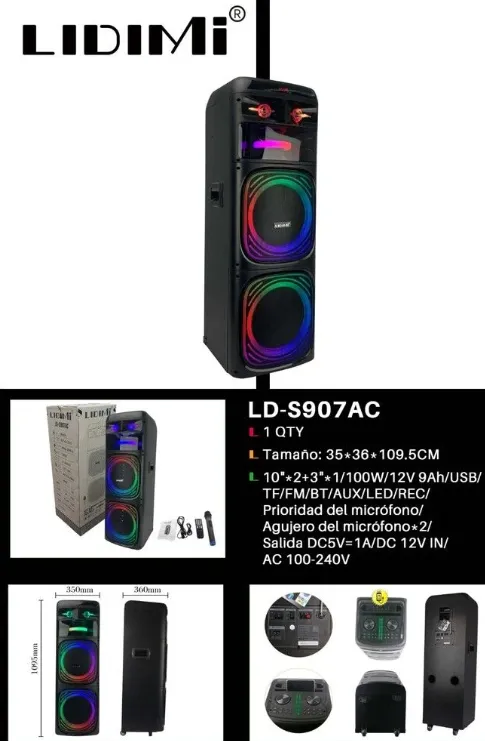 PARLANTE TORRE LIDIMI S907AC TORRE 100W 10¨ X 2 USB/TF/BT/AUX/ MIC INALAMBRICO