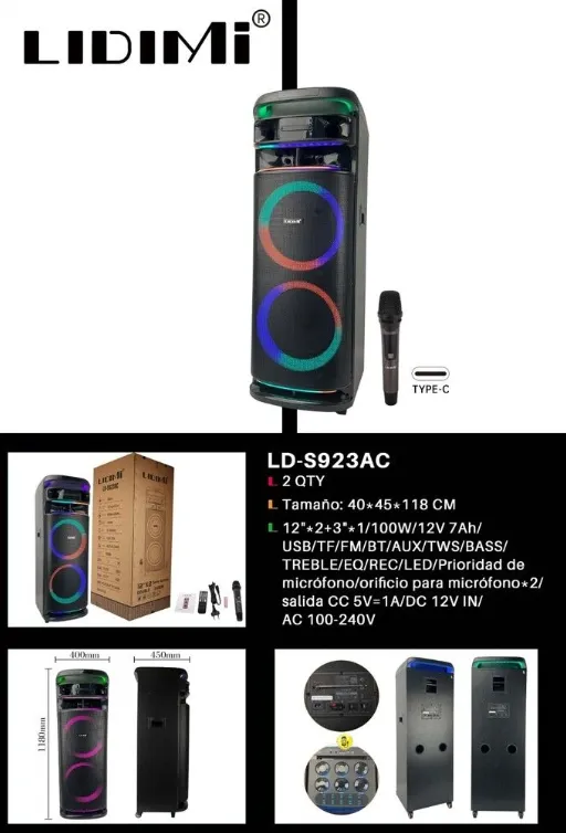 PARLANTE LIDIMI S923AC 12''*2 +3'' 100w potencia + microfono inalambrico