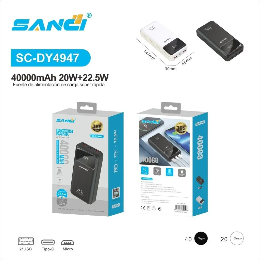 CARGADOR PORTATIL DE 40000mAh PD+20W PD+22.5W SC-DY4947