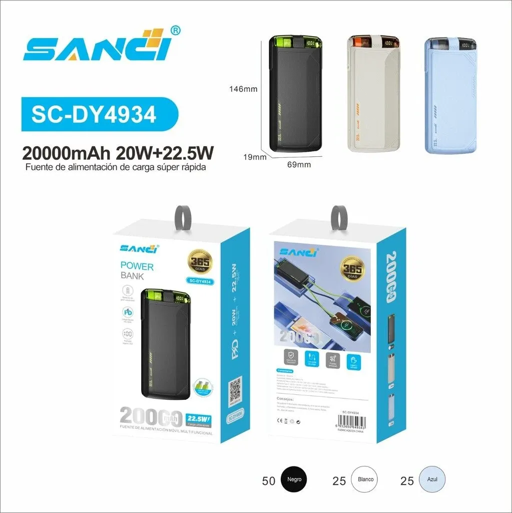 CARGADOR PORTATIL DE 20000mAh PD+20W PD+22.5W SC-DY4934