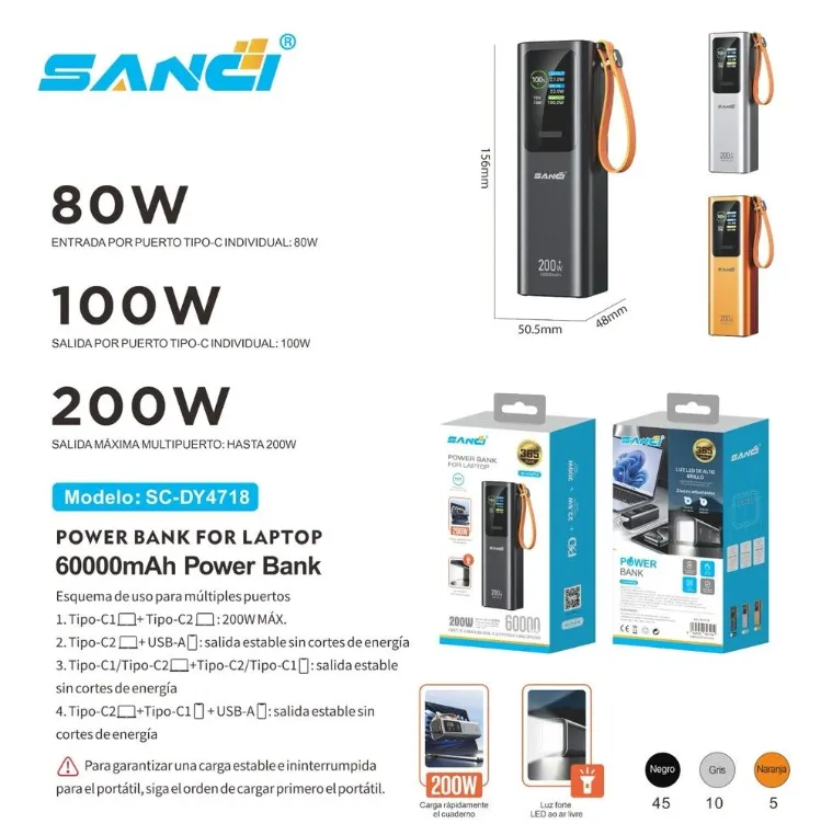 CARGADOR PORTATIL P/LAPTOP 60000mAh DE 80W+100w+200W + usb 22.5W SC-DY4718