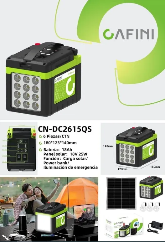 SISTEMA DE ILUMINACION SOLAR PORTATIL 12V 18amh C/PANEL SOLAR + 3 FOCOS CN-DC2615QS