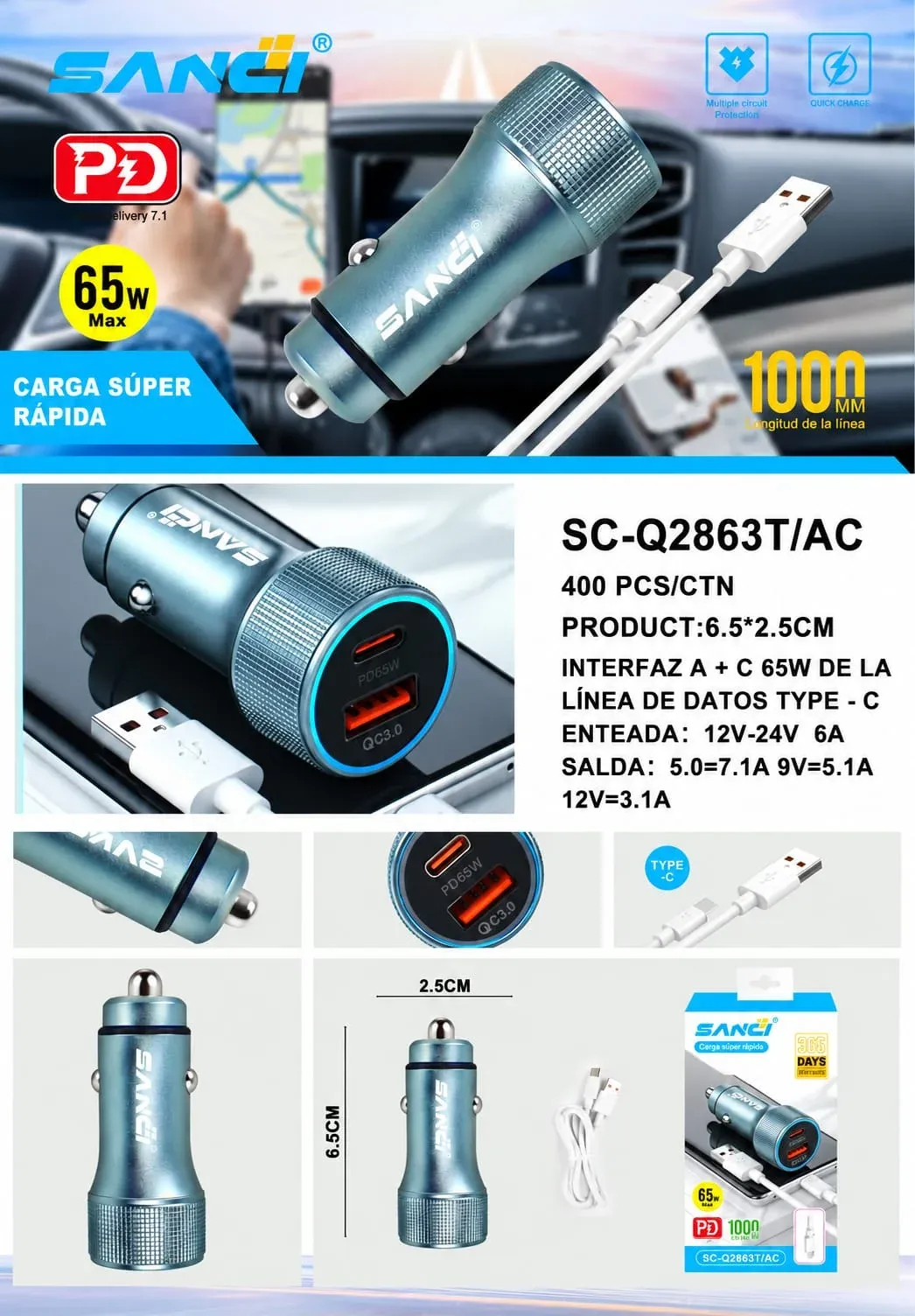 CARGADOR SANCI AUTO SC-Q2863T/AC 65W PD+7.1