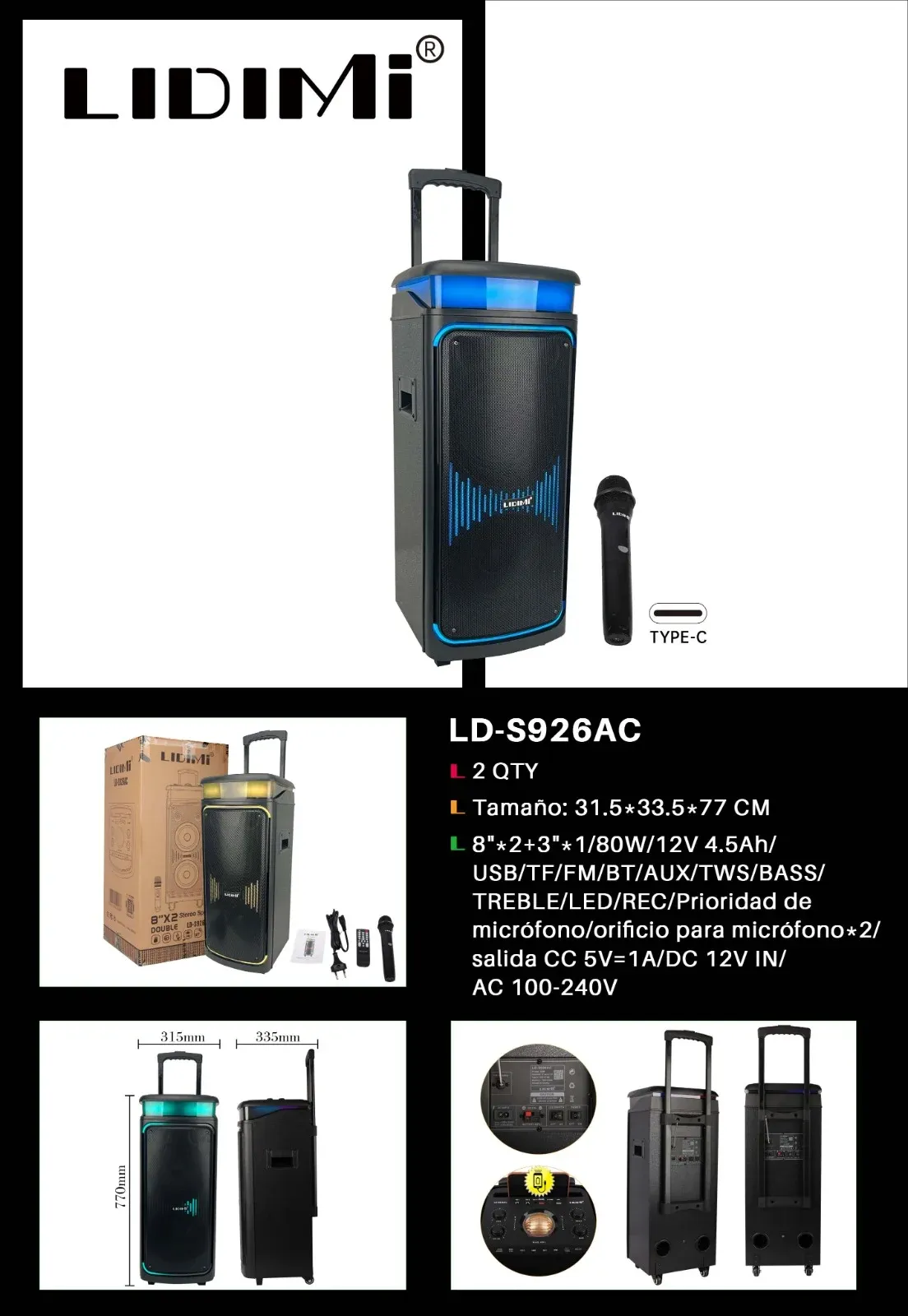PARLANTE TORRE CON MICROFONO INALAMBRICO DE 80W LD-S926AC