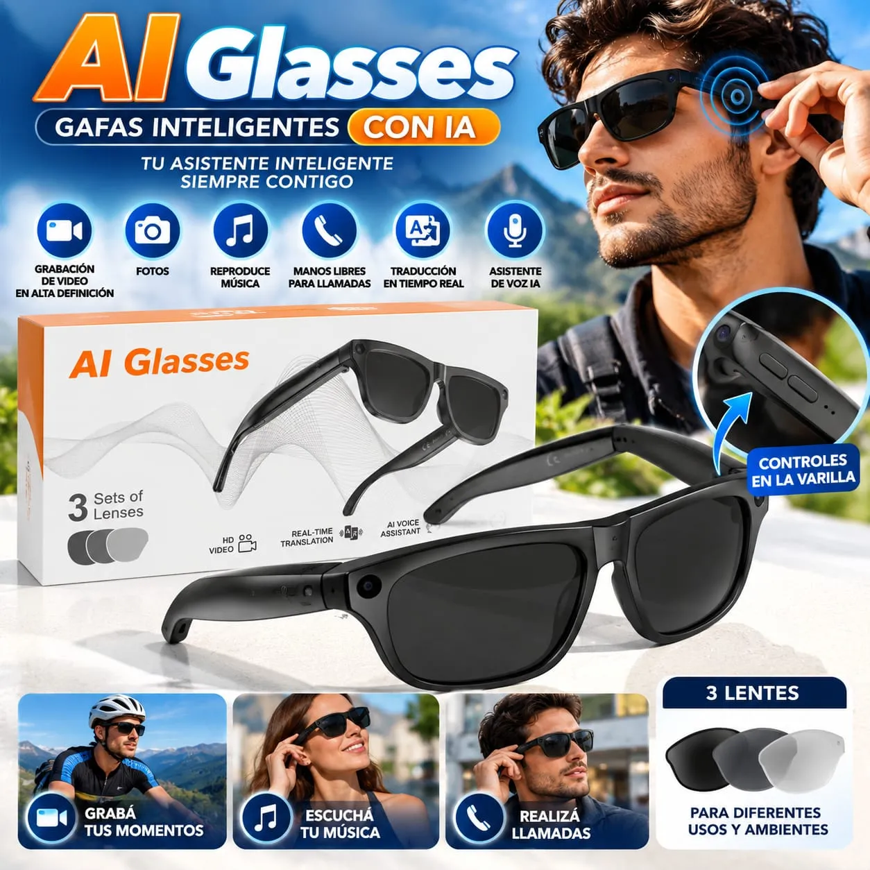 LENTES CAMARA INTEGRADA /SMART GLASSES //GRABACION DE VIDEO HD/ GRABACION DE VIDEO IA /TRADUCCION