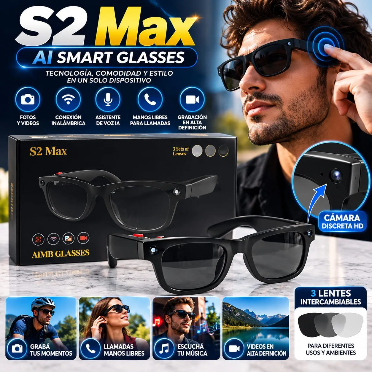 LENTES CAMARA INTEGRADA S2 MAX/GRABACION DE VIDEO HD/ GRABACION DE VIDEO IA /TRADUCCION