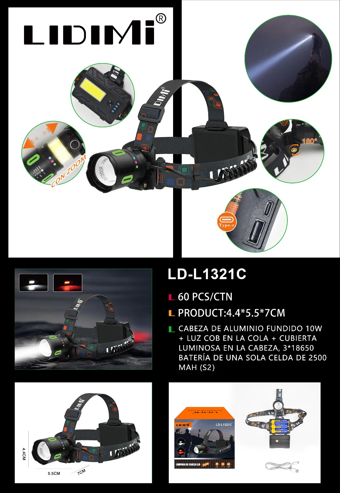 LINTERNA MINERA LIDIMI LD-L1321C 10w BATERIA 3*18650 25000MAH ALUMINIO A