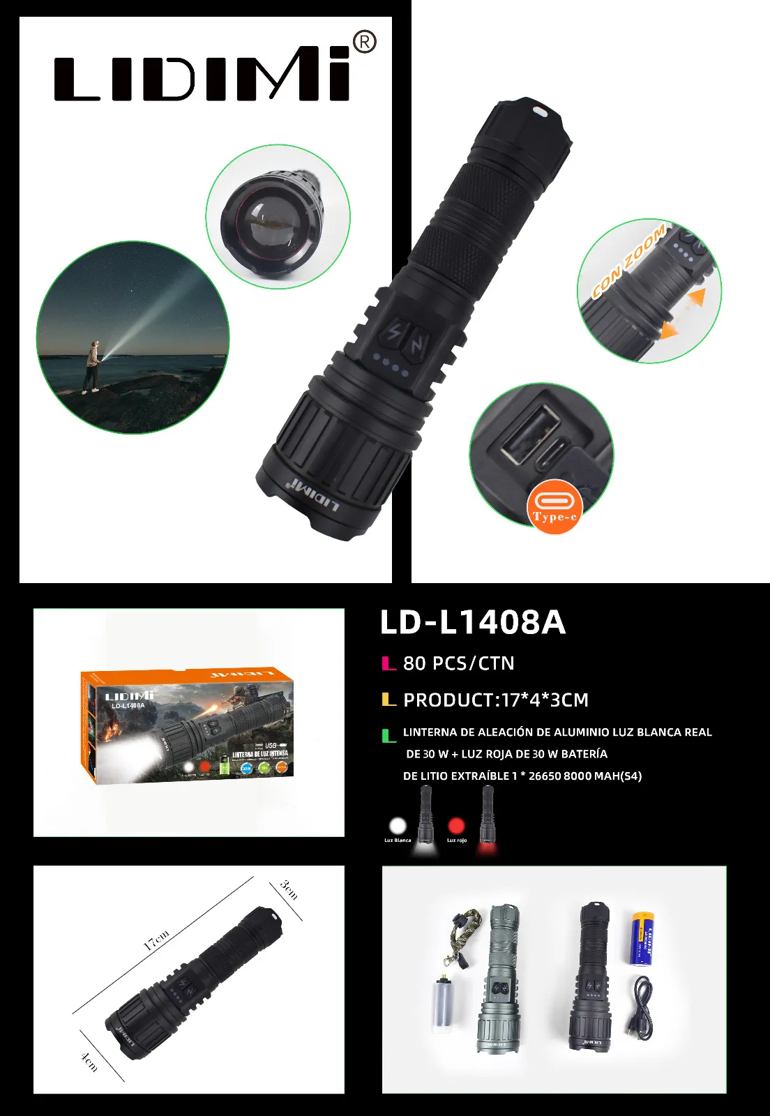 LINTERNA METAL RECARGABLE LD-L1408 30W 8000MAH LUZ BLANCA/ROJA BATERIA26650 C/ZOOM