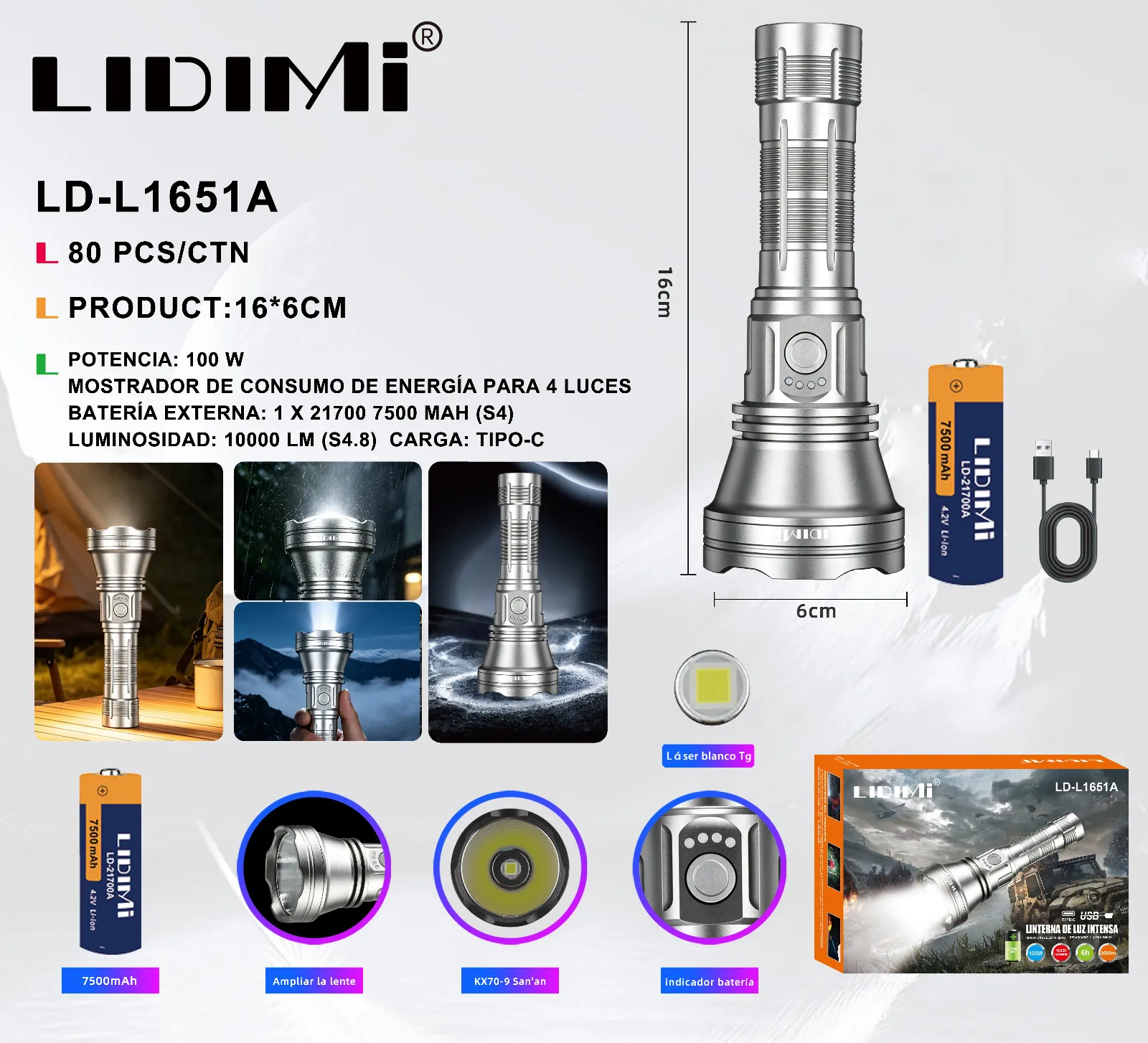 LINTERNA METAL RECARGABLE LD-L1651 100W 20000MAH LUZ BLANCA BATERIA 21700