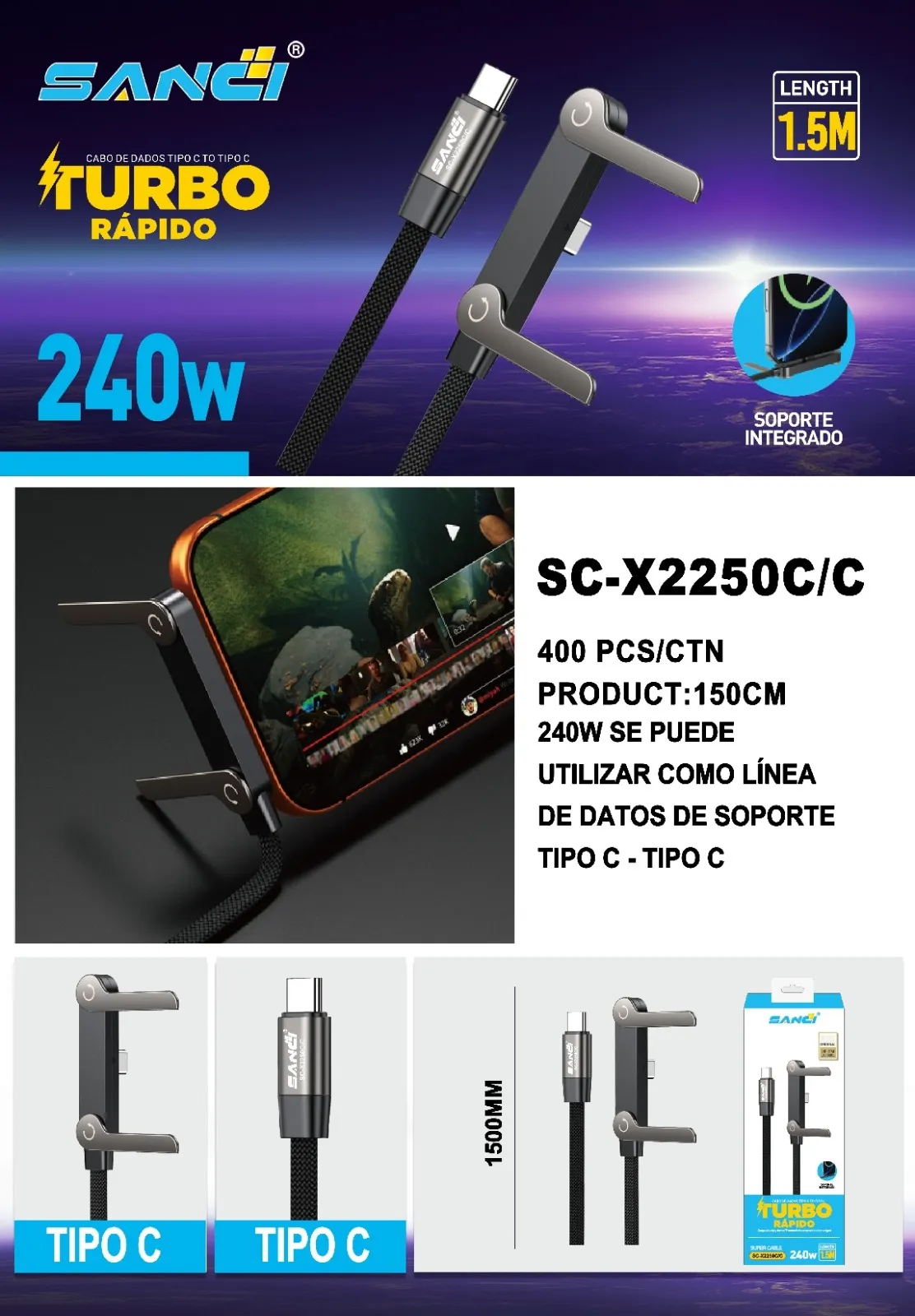 CABLE USB SANCI PD 240W TIPOC SC-X2250C/C