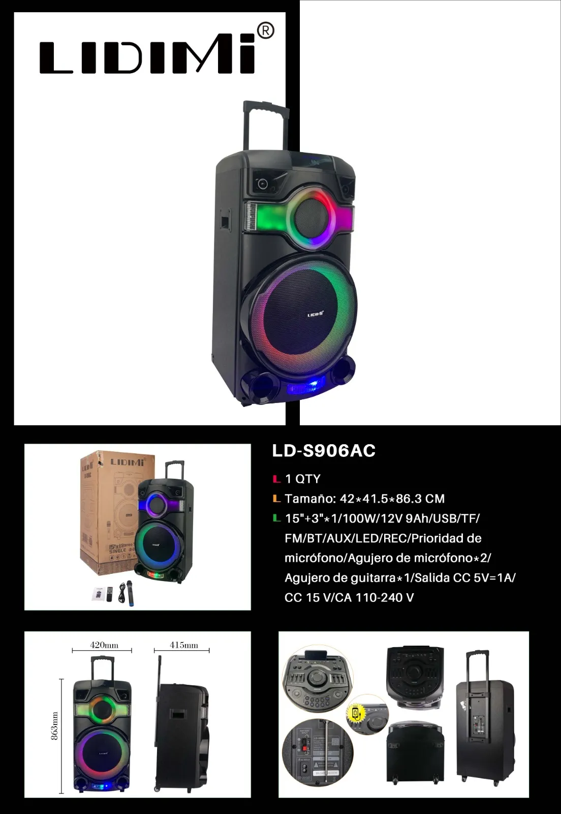PARLANTE TORRE LIDIMI CON BATERIA 100W LD-S906AC USB/TF/BT/FM/MIC