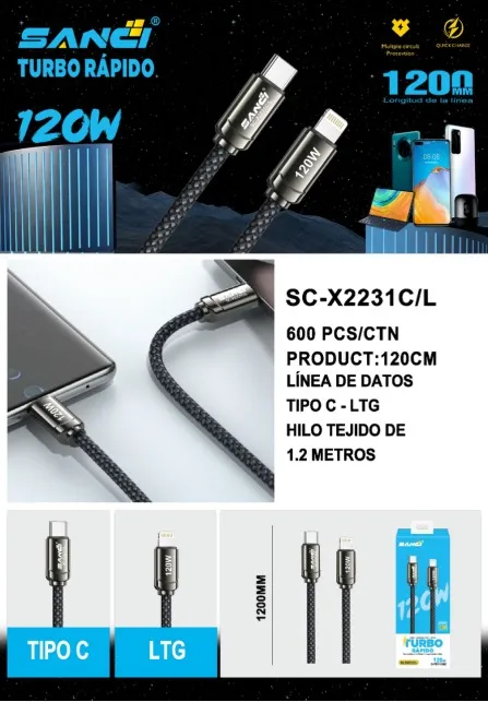 CABLE USB SANCI TIPO C A IPH SC-X2231C-L 120W 1.2M
