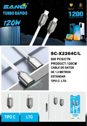 CABLE USB SANCI TIPO C A IPH SC-X2264C/L 120W 1.2M