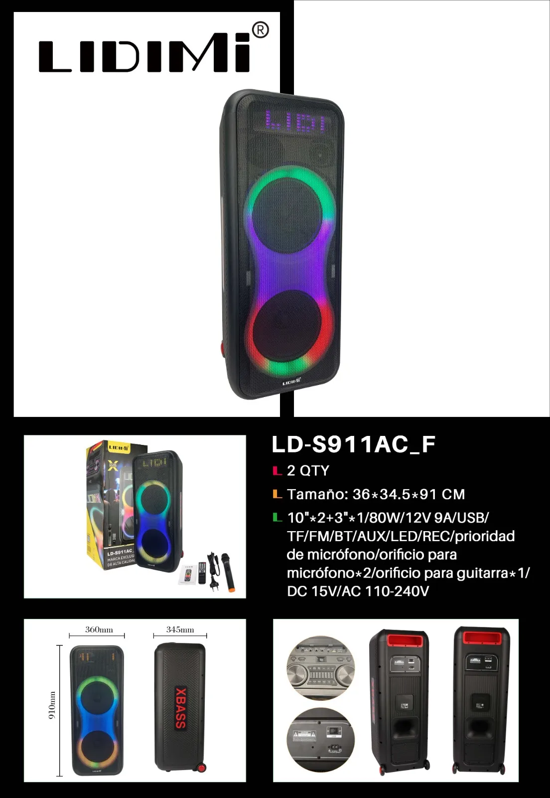 PARLANTE LIDIMI MICROFONO+CONTROL LD-S911AC-F FM-BT/TF/USB/AUX 2*10¨ 80W