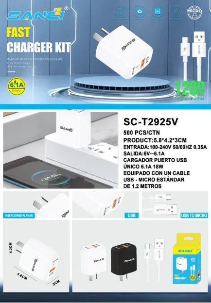 CARGADOR SANCI 6.7A 18W PUERTO USB /USB V8 SC-T2925V