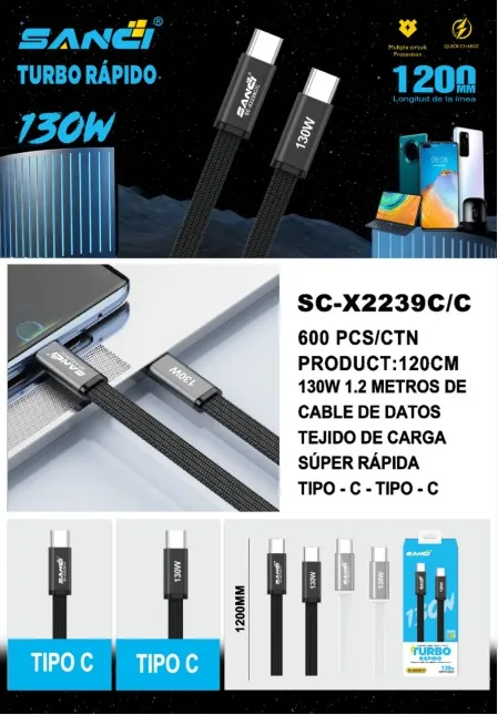 CABLE USB SANCI 130W TIPOC/TIPO C SC-X2239C/C