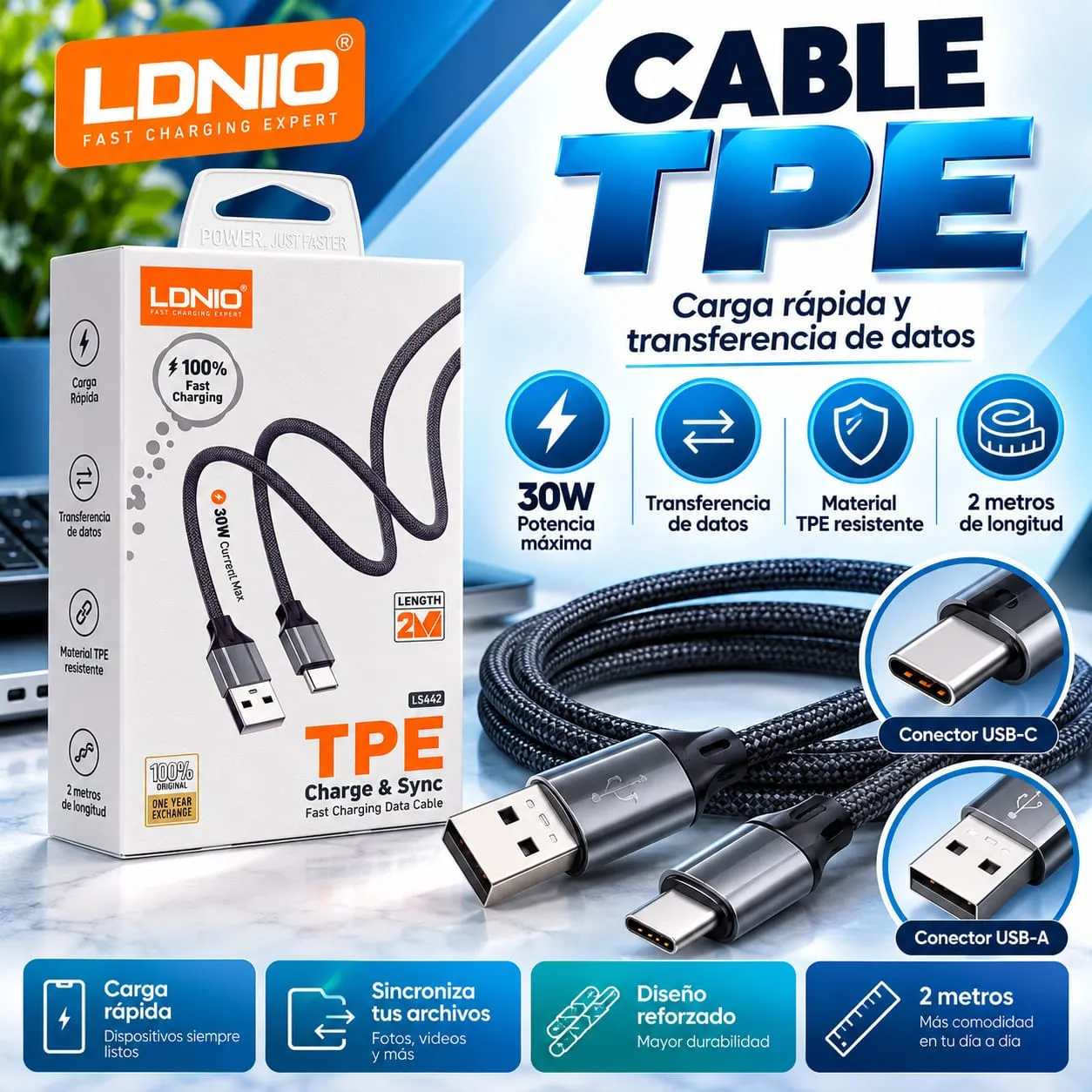 CABLE USB LDNIO LS442 2M SILICONADO