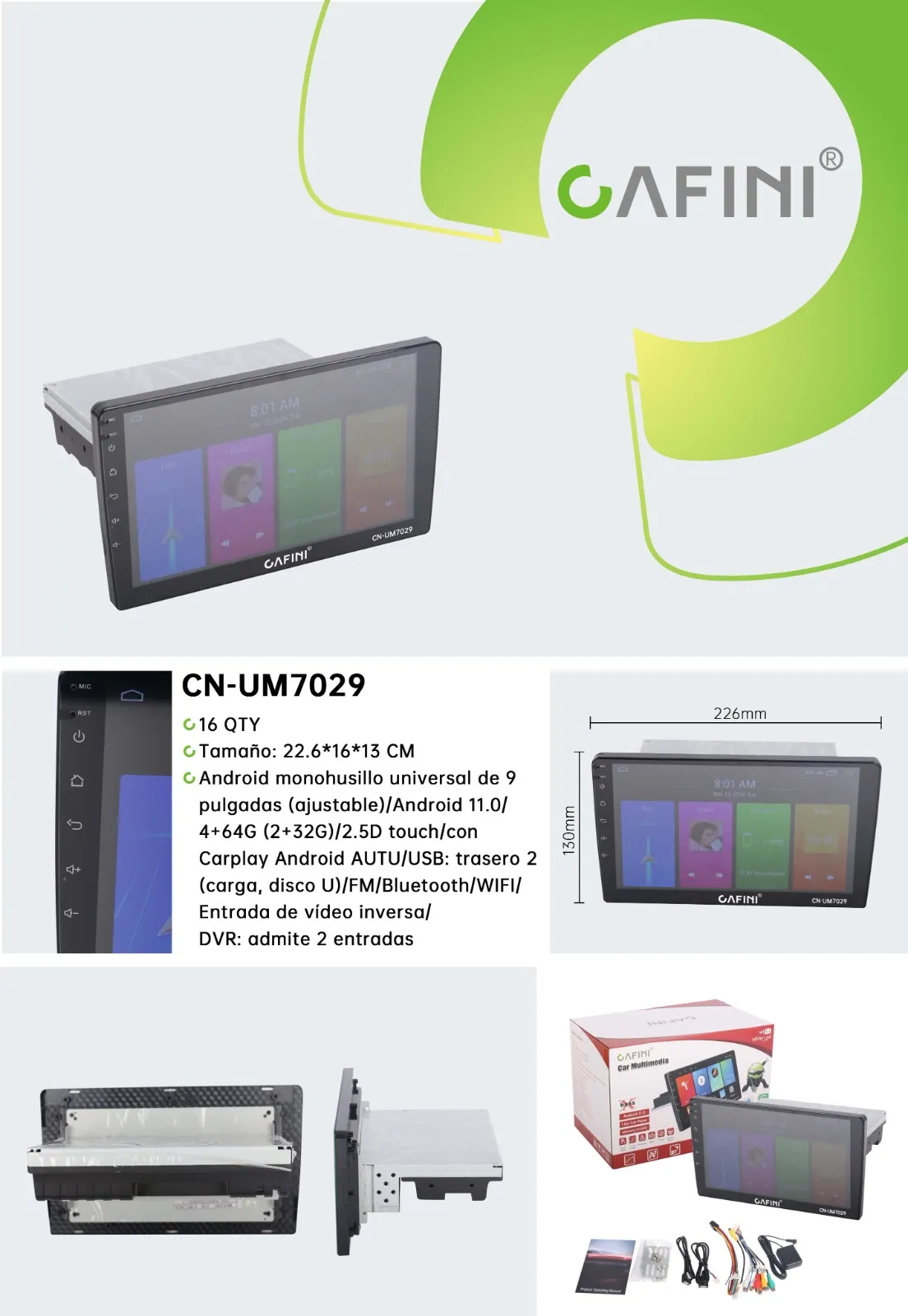 STEREO CAFINI C/PANTALLA DE 9pulgadas android 11.0 CN-UM7029 CARPLAY
