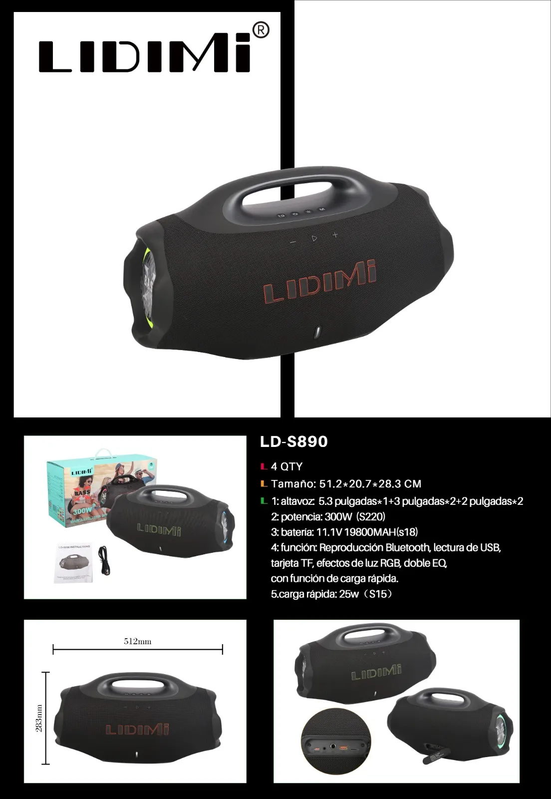 PARLANTE MALETA DE 1°CALIDAD DE 300W LD-S890