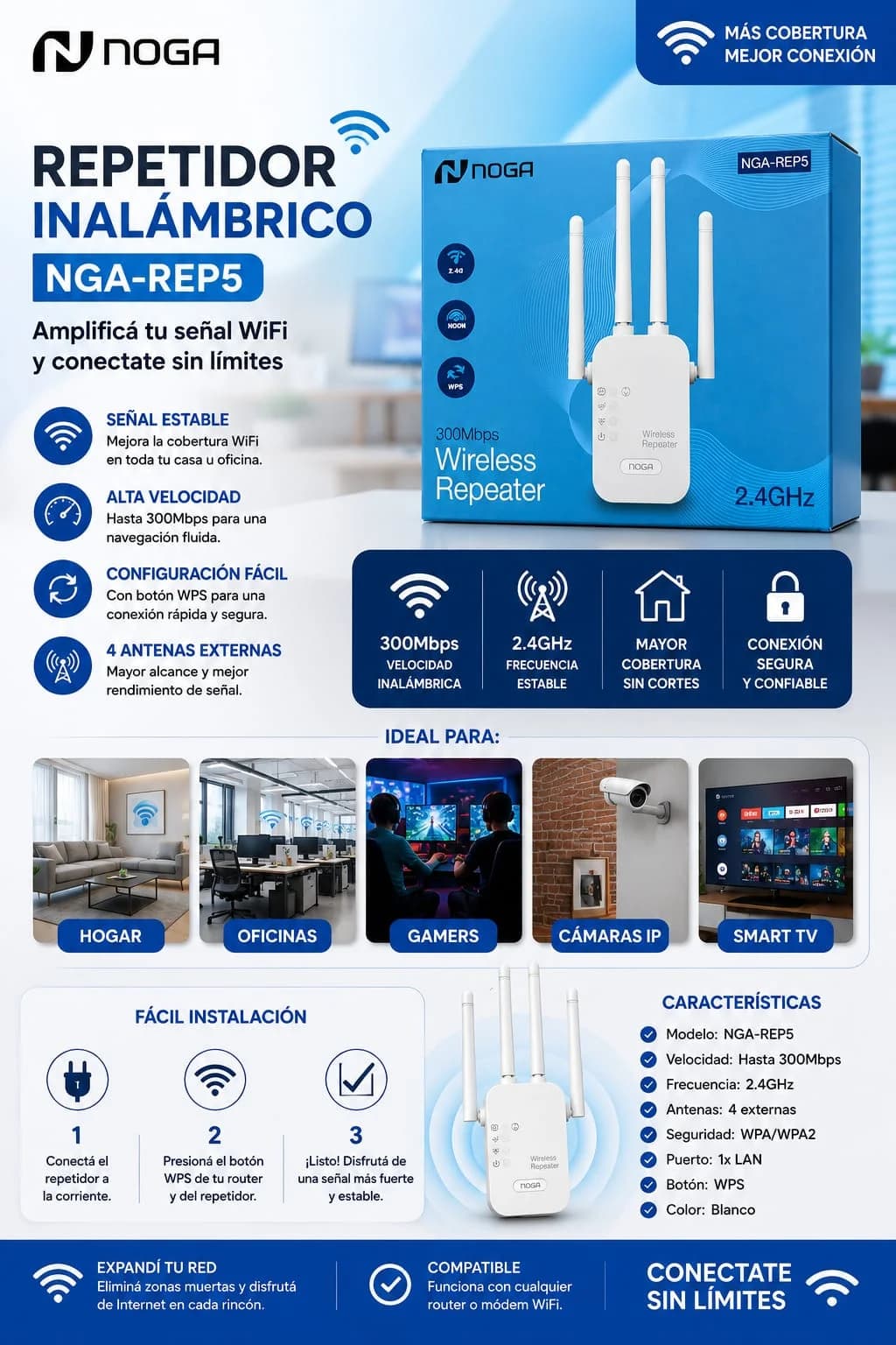 REPETIDOR - EXTENSOR -EXPANSOR NOGA DE WIFFI 300Mbps 2.4Ghz NGA-REP5