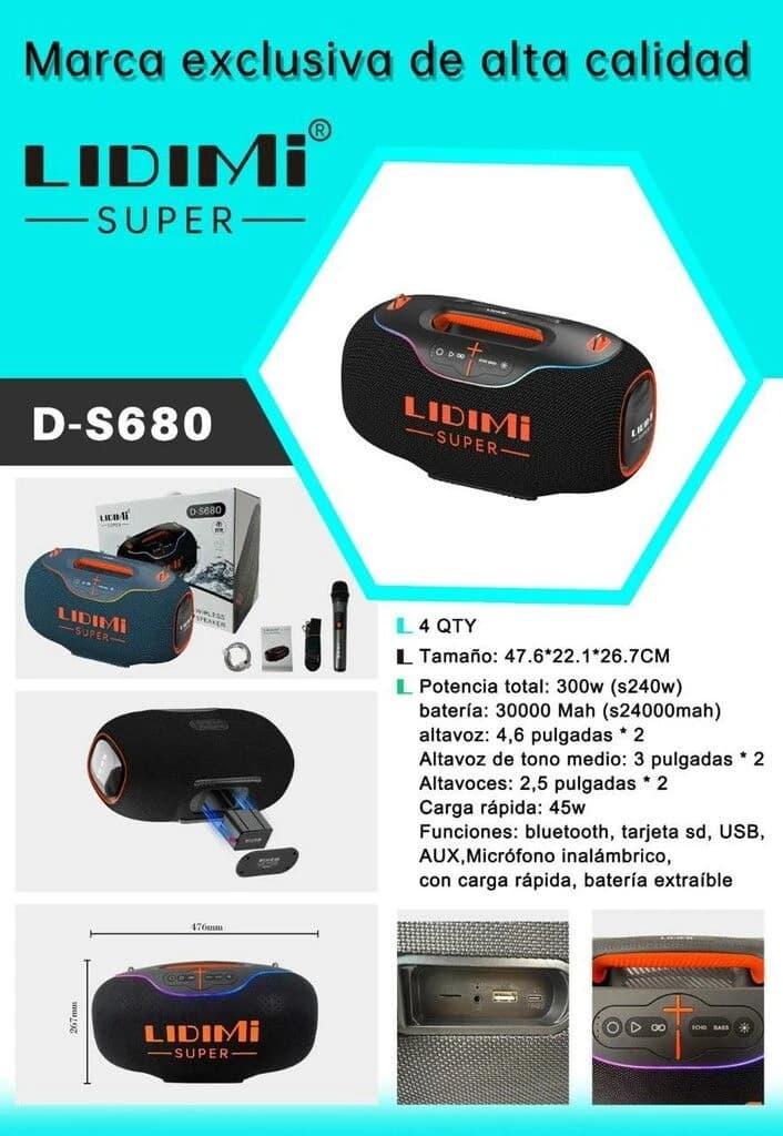 PARLANTE LIDIMI SUPER S680 300W USB/BT/AUX/TF MIC INALAMBRICO