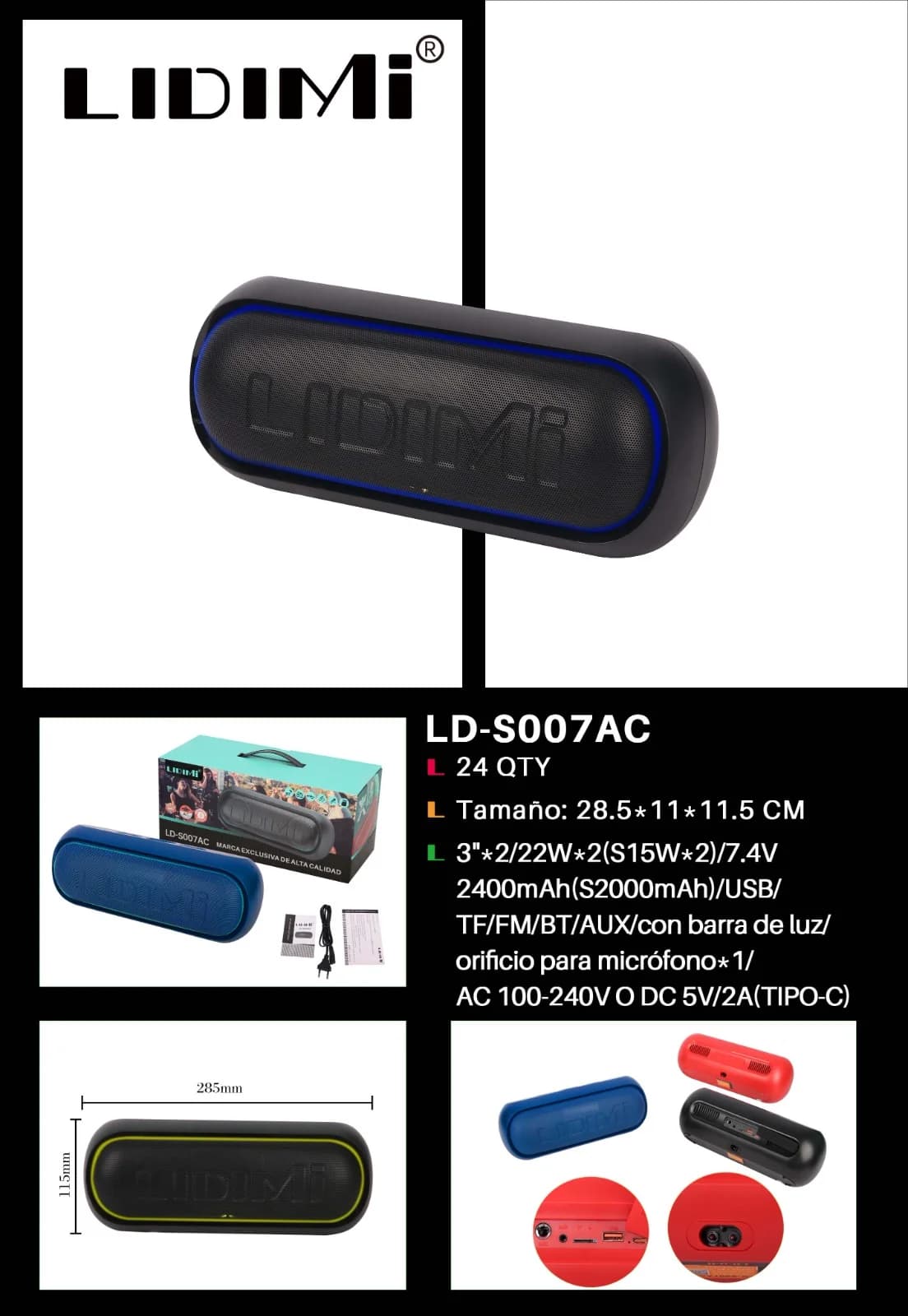 PARLANTE POTENCIADO LIDIMI bt/usb/fm/bt/aux/light/karaoke 2x22w LD-S007AC medida:300mmx135mmx117mm
