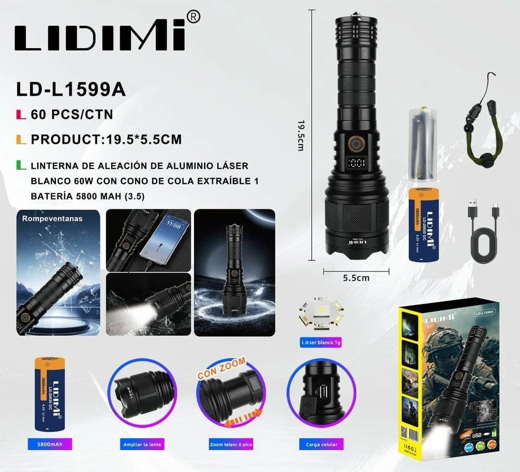 LINTERNA METAL RECARGABLE 60w 6h 5800mAh LD-L1599A