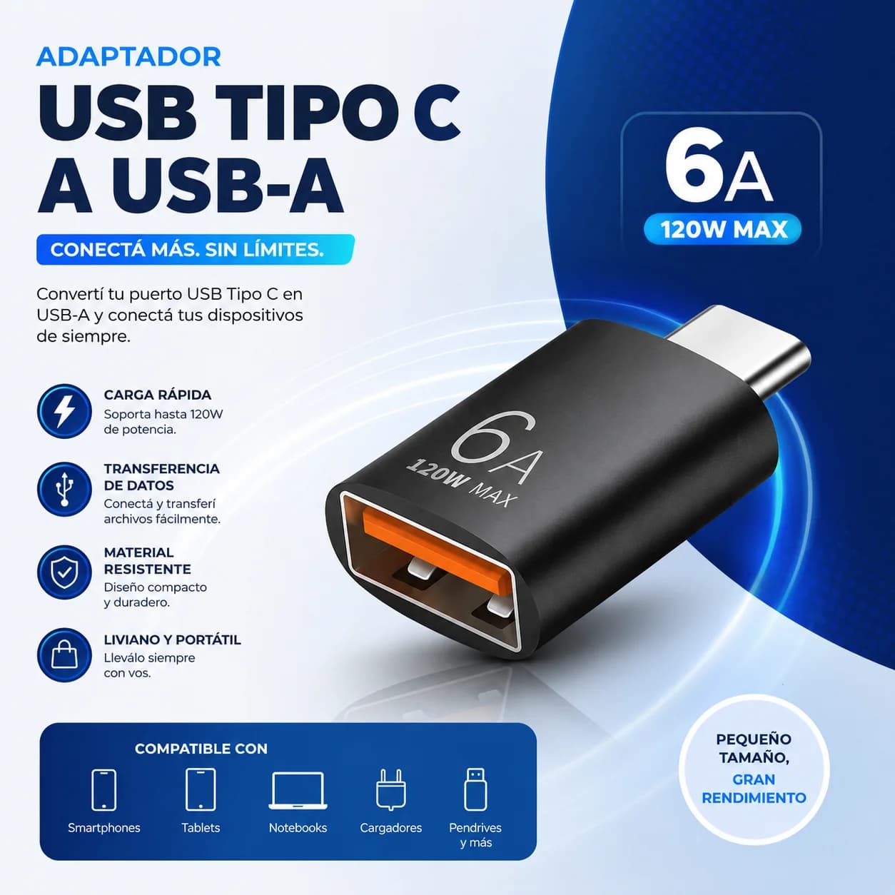 Adaptador USB-A a Tipo C 6A OTG