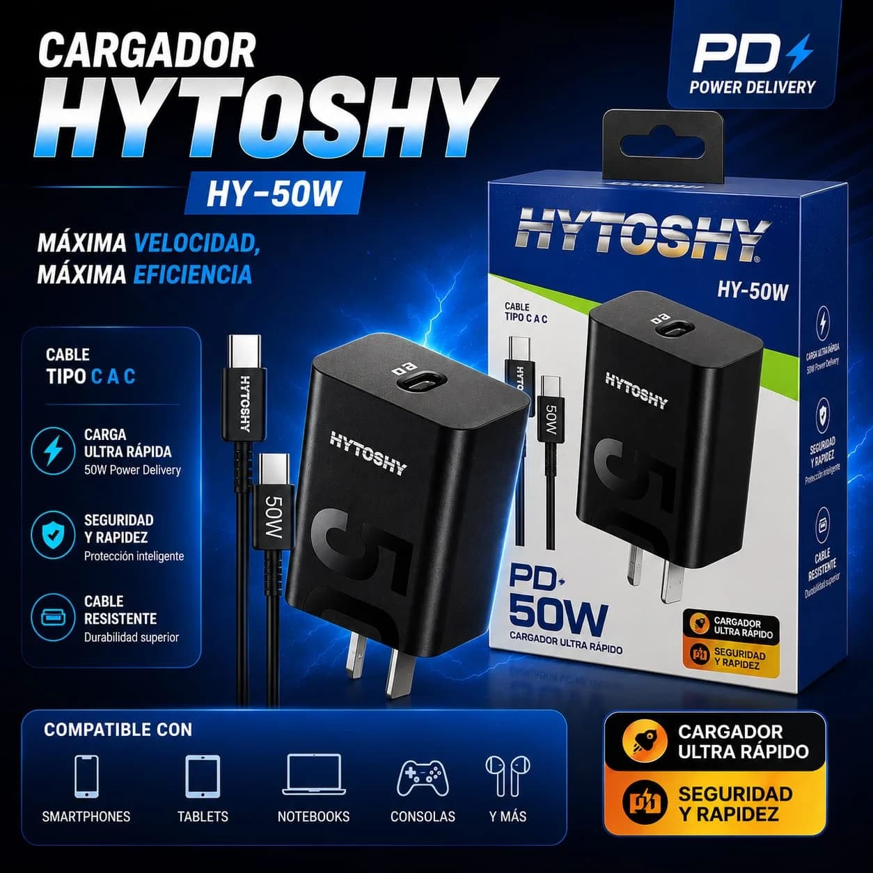 CARGADOR TIPO C 50W PD HYTOSHY HY-50W 5V 3.1A