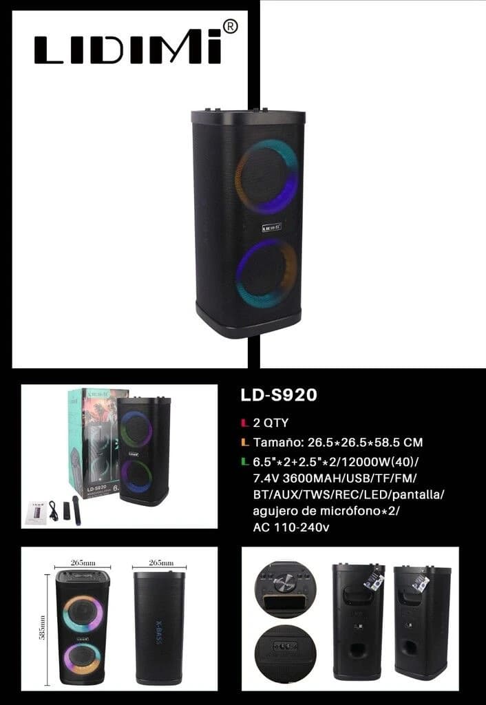 PARLANTE LIDIMI POTENCIADO LD-S920 12000W 8.5¨ X 2+2.5¨ X 2 USB/BT/TF/FM/TWS/2 MIC