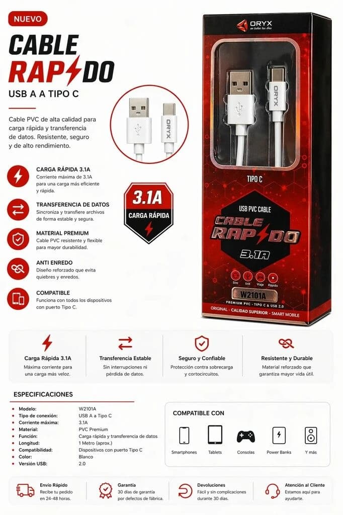 CABLE USB ORYX GOMA W2101 TIPO C 1M