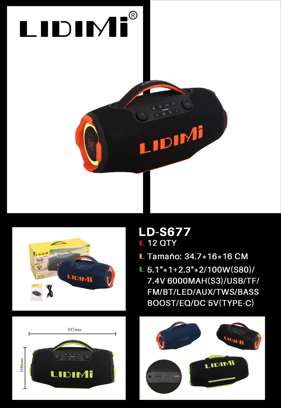 PARLANTE POTENCIADO LIDIMI 100W LD-S677 USB/TF/BT/AUX/TWS/BASS BOOST/EQ/DC