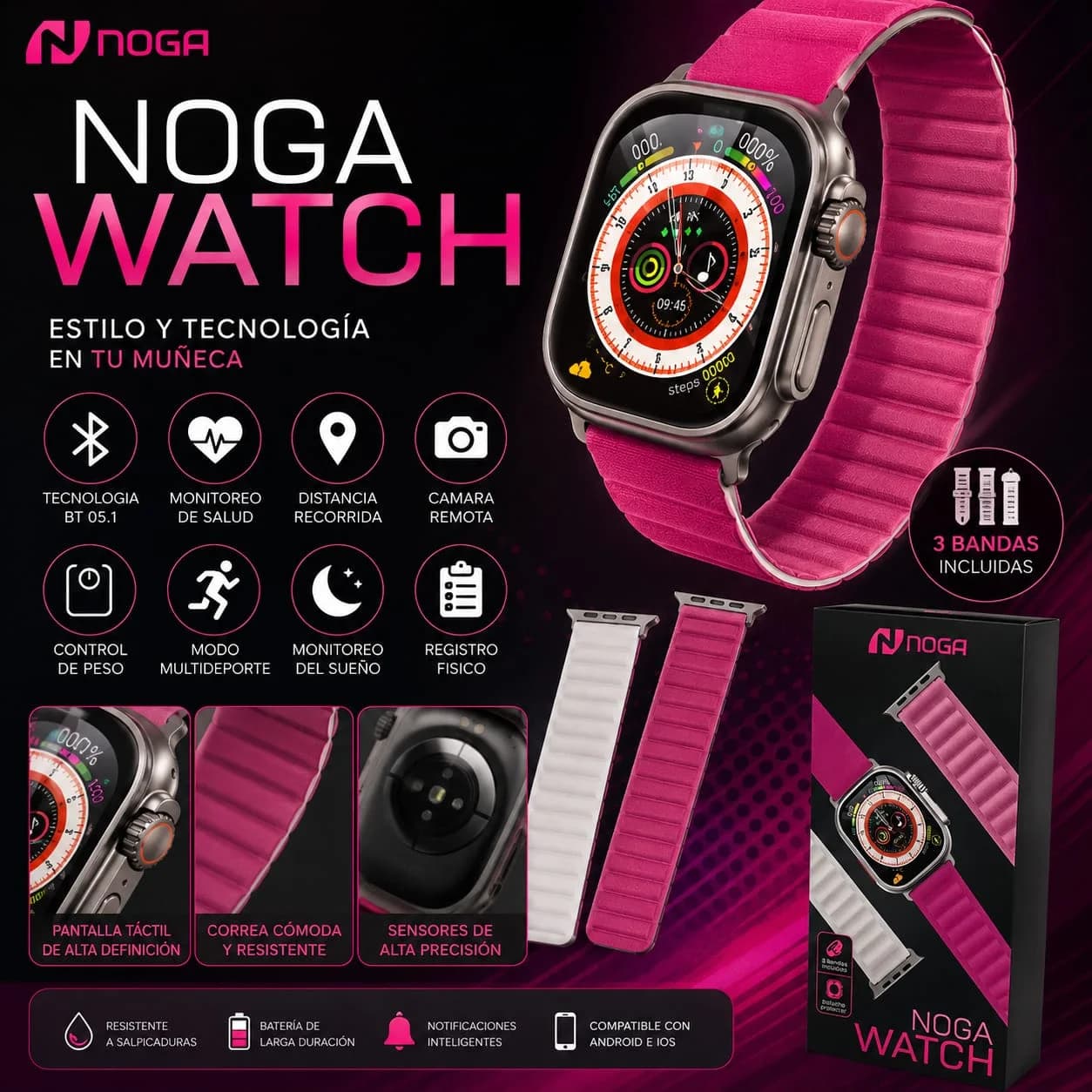 RELOJ SMARTWATCH + 3 MALLAS NG-SW17S ROSA/BLANCO/FUXIA