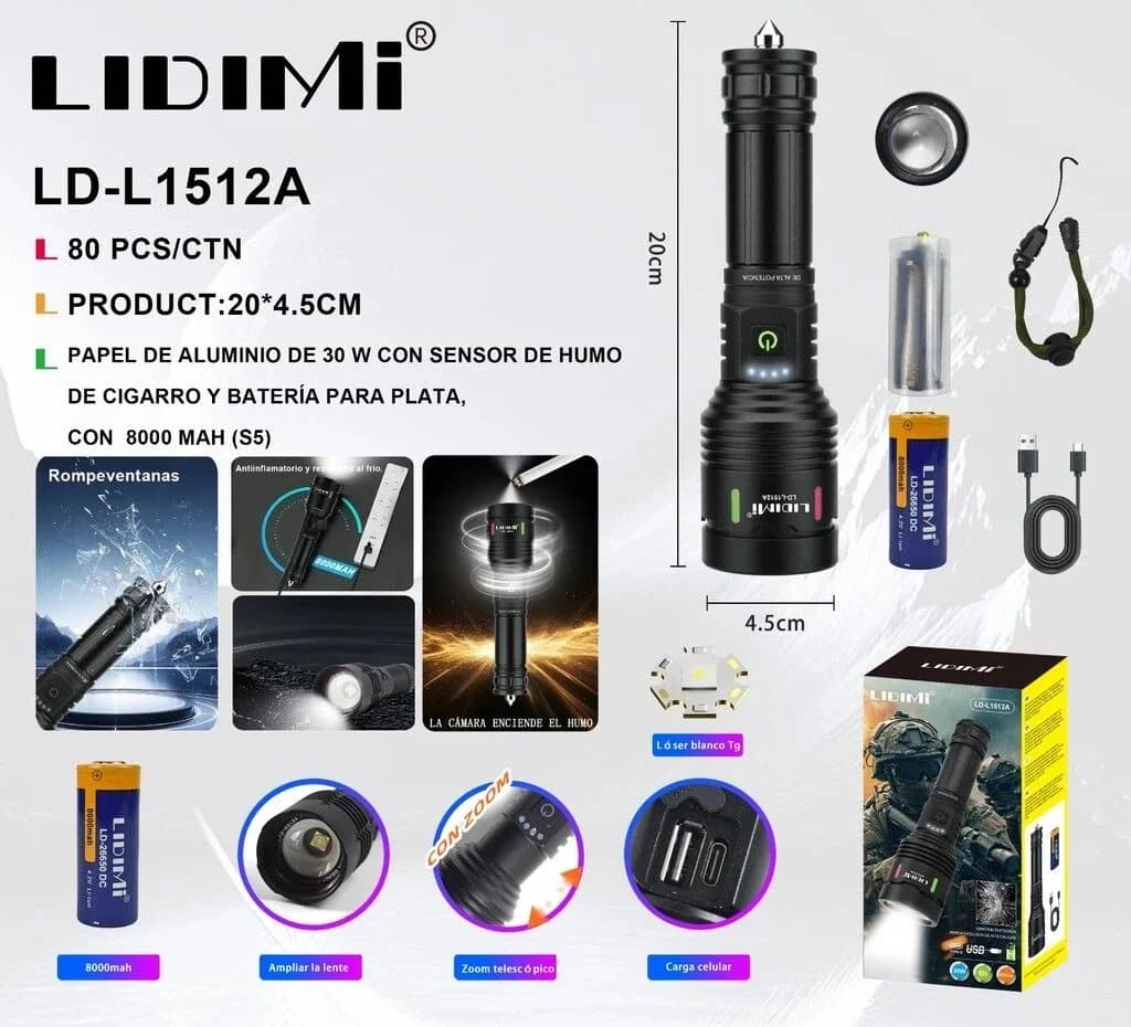 LINTERNA METAL RECARGABLE LD-L1512A 30W 6H 3000M 8000 mAh bateria 26650DC