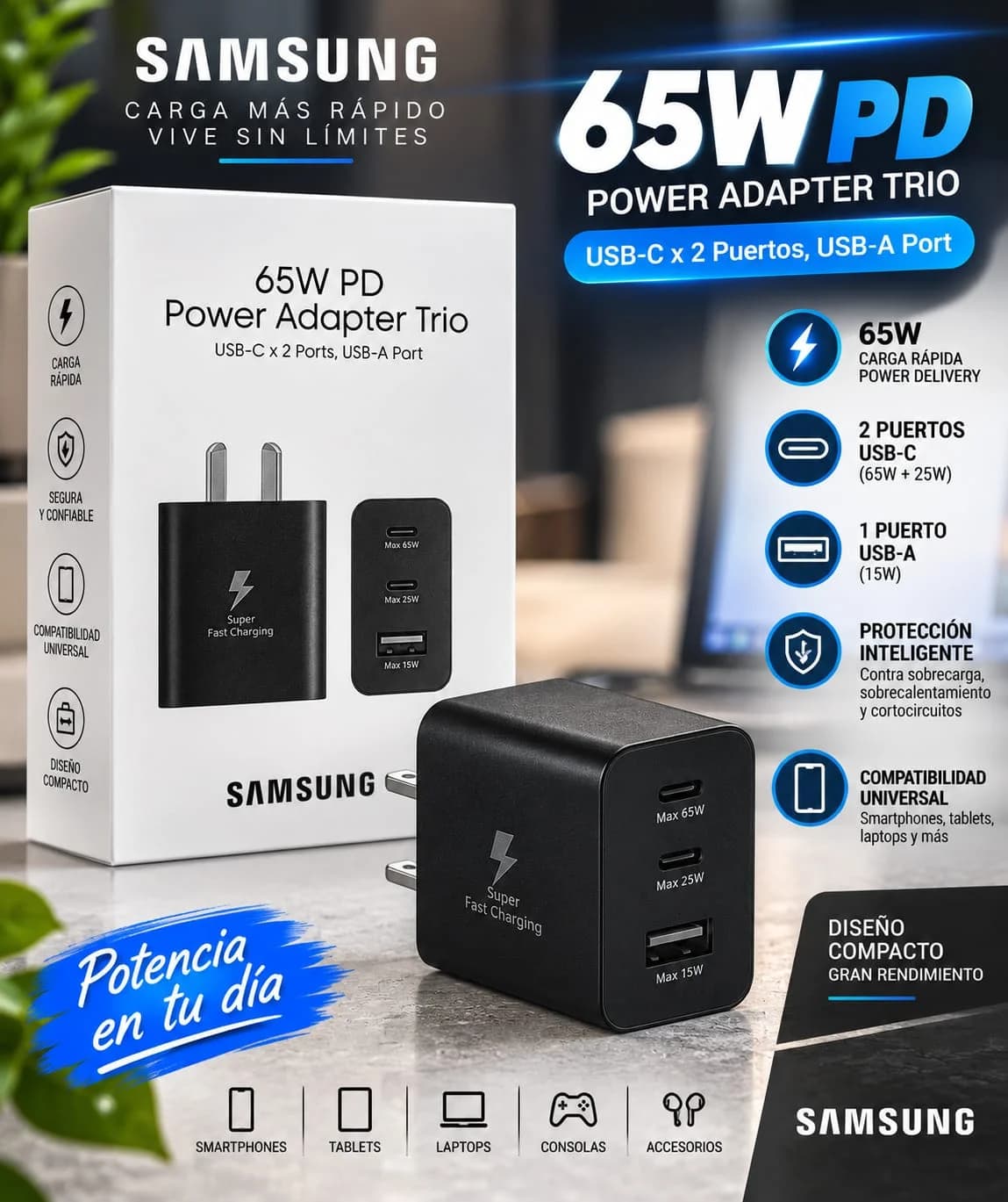 CABEZAL 65W SAMSUNG 2 USB-C + USB-A