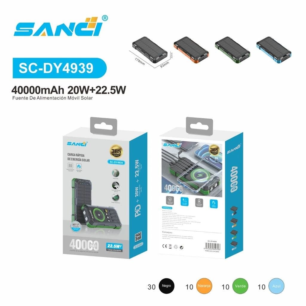 CARGADOR PORTATILC/PANTALLA SOLAR DE 40000mAh PD+20W PD+22.5W SC-DY4939