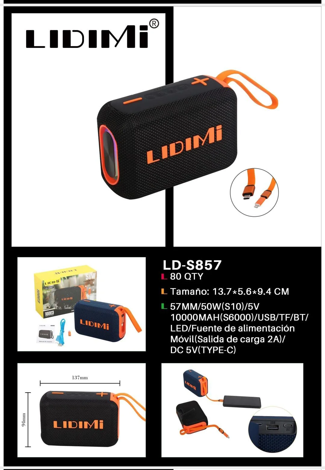 PARLANTE POTENCIADO LD,S857 50W + PORTATIL 10000MhA IPX6