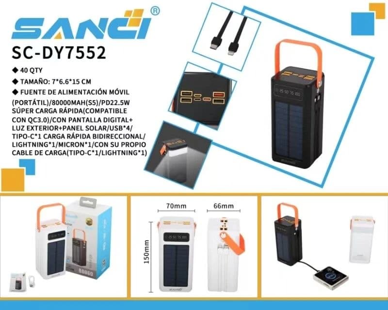 CARGADOR PORTATIL C/PANEL SOLAR 80000mAh DE PD 100w + usb 22.5W SC-DY7552