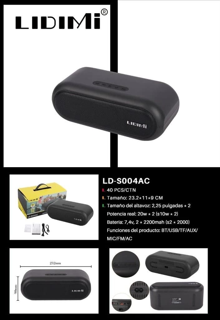 PARLANTE POTENCIADO LIDIMI EXTRA BASS 2*20W usb/bt/fm/TF LD-S004AC