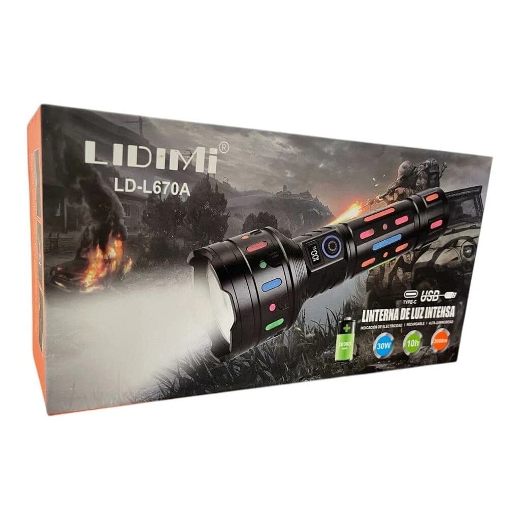 LINTERNA METAL RECARGABLE LS-L670 30W 10H 3000M 10000mAh BATERIA 32650