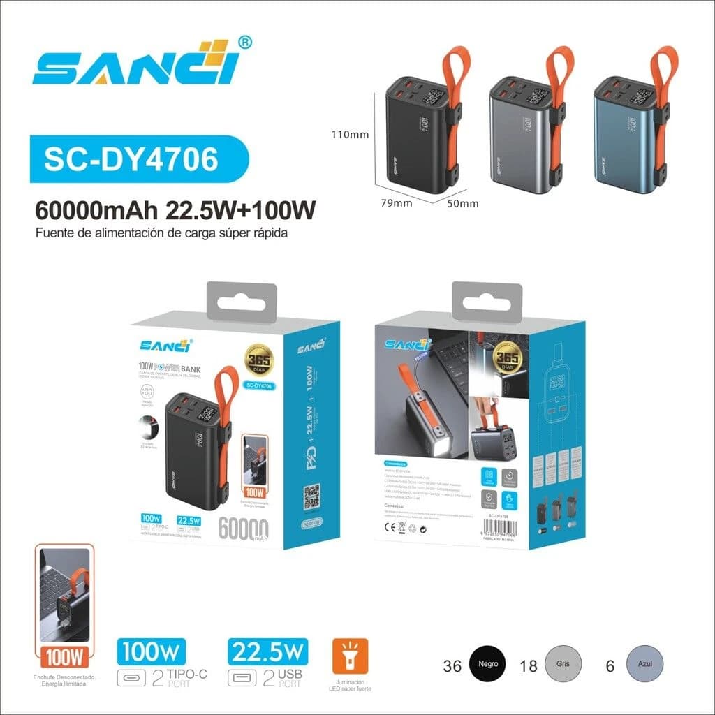 CARGADOR PORTATIL SANCI DE 60000mAh 100w 2 PORT TIPO C +22.5W 2 USB CARGA RAPIDA SC-DY4706
