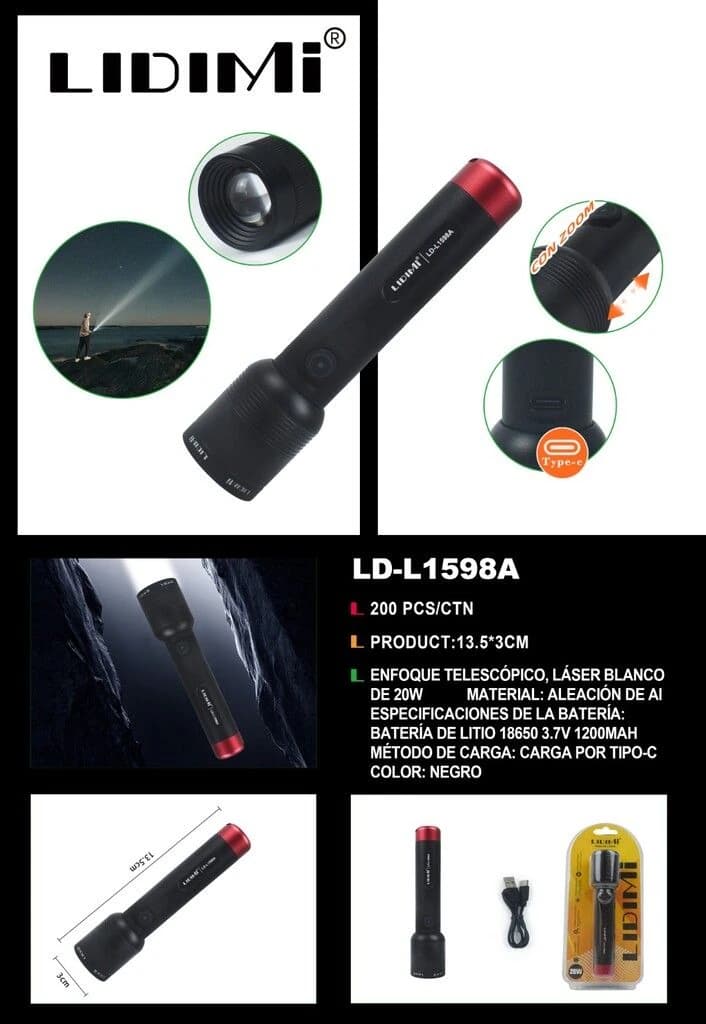 LINTERNA LIDIMI LD-L1598A 20w BATERIA 18650 12000MAH ALUMINIO A